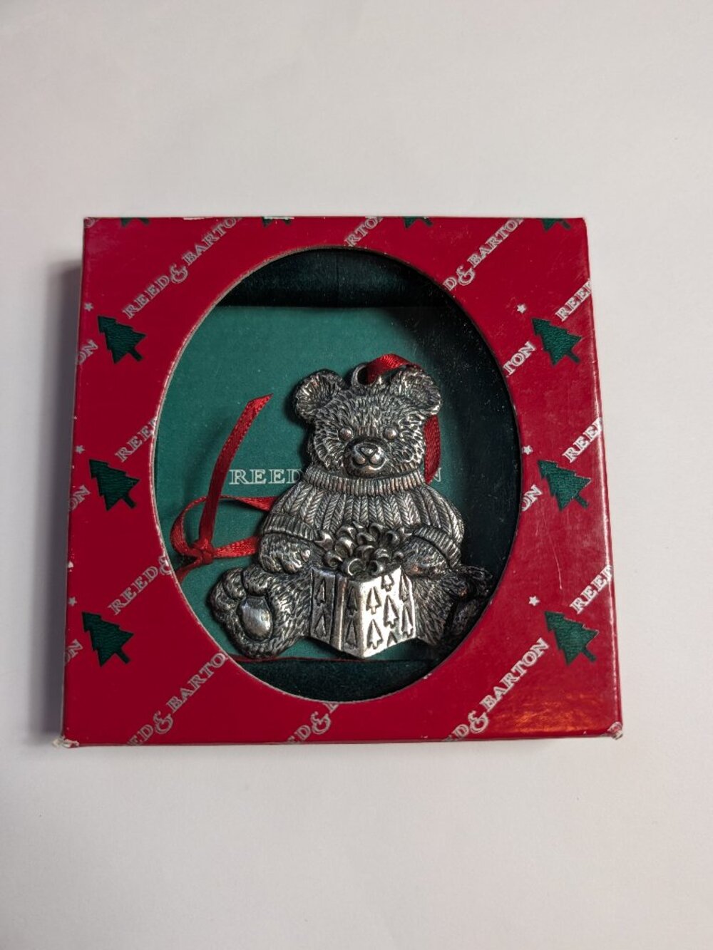 Reed & Barton Silver Teddy Bear with Present Christmas Ornament with Box